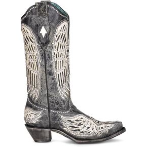 Corral Boots Womens Ld Cross & Wings Overlay & Studs حذاء كاجوال بمقدمة قصيرة وكعب متوسط ​​الساق 2-3 بوصة - أسود