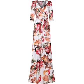 Bon Rosy Women's Spring Summer 3/4 Sleeve V-Neck Printed Maxi Faux Wrap Dress Easter Mother's Day Wedding Bridal Baby Shower Maternity Nursing Music Festival O1jERf Ivory M