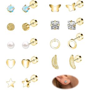 BodyAce Surgical Steel Earrings for Women Girls, Hypoallergenic Flat Back Earrings Cartilage Hoops, CZ Star Heart Stud Earring Tragus Helix Piercing Jewelry