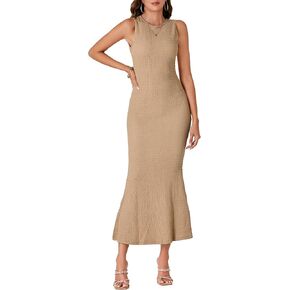 LYANER Women's Sleeveless Crew Neck Fishtail Slim Fit Bodycon Club Tank Maxi Dress