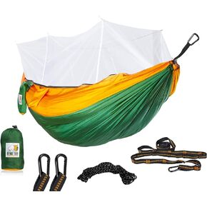 X-Large 2 Person Camping Hammock with Mosquito Net - Compact Double Hammock with Bug Net, Pocket, Tree Straps & Heavy Duty Carabiners - Parachute Grade Nylon Can Hold Over 600lbs of Weight