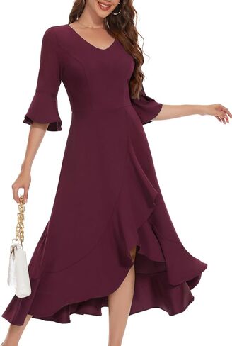 HomRain Women's V Neck Bell Sleeve Formal Dresses for Wedding Guest Ruffle Split Evening Party Cocktail Dress in Saudi Arabia