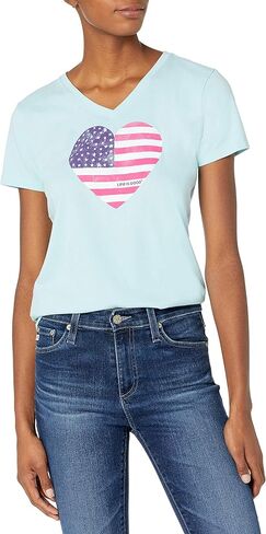 Life is Good Women's Crusher Graphic V-Neck T-Shirt Watercolor American Flag Heart in Saudi Arabia
