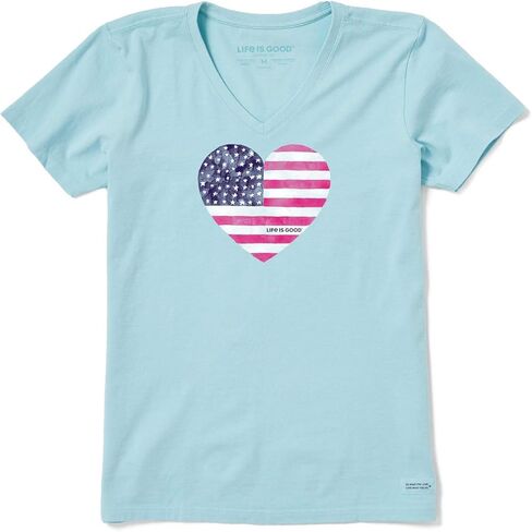 Life is Good Women's Crusher Graphic V-Neck T-Shirt Watercolor American Flag Heart in Saudi Arabia