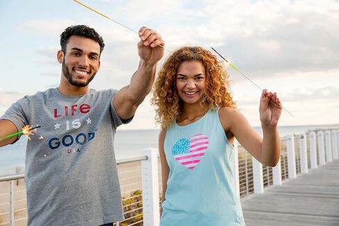 Life is Good Women's Crusher Graphic V-Neck T-Shirt Watercolor American Flag Heart in Saudi Arabia