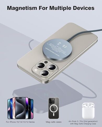 شاحن لاسلكي مغناطيسي iXular بقدرة 15 وات متوافق مع شاحن Mag-Safe لهاتف iPhone 15 14 Pro Max Plus/13 Pro Max Mini/12، وسادة شحن لاسلكية مغناطيسية لأجهزة Airpods 3/2/Pro (فضي، عبوة واحدة) in Kuwait