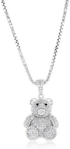 قلادات تيدي بير للنساء - قلادة من الفضة الإسترلينية مع قلادة أحجار زركونيا مكعبة - قلادة مع سلسلة ربط مربعة مقاس 18 بوصة لعيد الميلاد in Kuwait