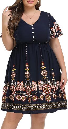 Pinup أزياء المرأة حجم كبير بوهو زر الجبهة فساتين مكشكشة قصيرة الأكمام طول الركبة الصيف السببية فستان محكم من عند الصدر ويتدلى بشكل واسع in Saudi Arabia