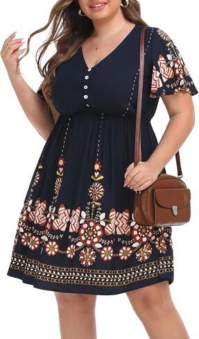 Pinup أزياء المرأة حجم كبير بوهو زر الجبهة فساتين مكشكشة قصيرة الأكمام طول الركبة الصيف السببية فستان محكم من عند الصدر ويتدلى بشكل واسع in Saudi Arabia