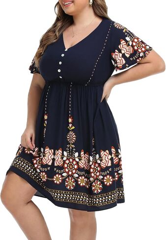 Pinup أزياء المرأة حجم كبير بوهو زر الجبهة فساتين مكشكشة قصيرة الأكمام طول الركبة الصيف السببية فستان محكم من عند الصدر ويتدلى بشكل واسع in Saudi Arabia