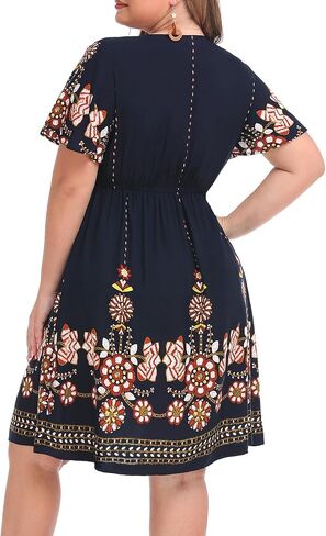Pinup أزياء المرأة حجم كبير بوهو زر الجبهة فساتين مكشكشة قصيرة الأكمام طول الركبة الصيف السببية فستان محكم من عند الصدر ويتدلى بشكل واسع in Saudi Arabia