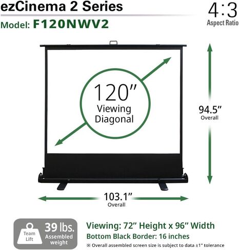 Elite Screens ezCinema 2, 95-inch 16:9 Manual Floor Pull Up Scissor Backed Projector Screen, Portable Home Office Classroom Front Projection w/ Carrying Bag, US Based Company 2-YEAR WARRANTY, F95XWH2 in Kuwait