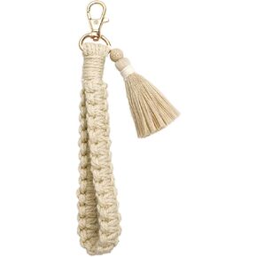 Fuqimanman2020 Handmade Soft Boho Macrame Wristlet Keychain Bracelet for Women with Tassel Lava Rock Lanyard Weave Holder