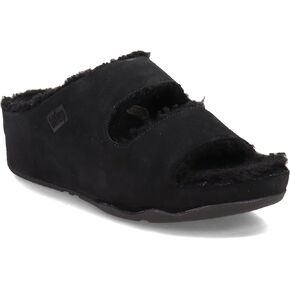 FitFlop Shuv Two-Bar Shearling-Lined Suede Slippers for Women - Leather Upper, Textile Lining, and Round-Toe Silhouette Light Tan 9 M (B)