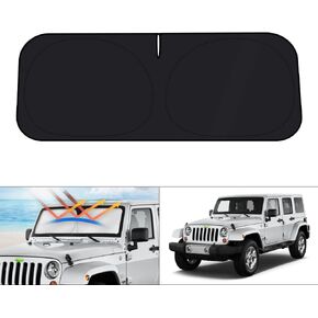 غطاء الزجاج الأمامي KUST لـ 2018-2024 Jeep Wrangler JL & 2/4 Door 4XE & 2020-2024 Jeep Gladiator JT للنافذة الأمامية ظل الشمس واقي الشمس الواقي من الشمس كتل قابلة للطي من الأشعة فوق البنفسجية تحافظ على برودة سيارتك