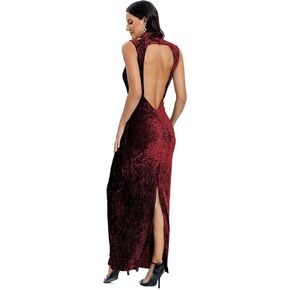Aigeman Women Open Back Velvet Maxi Dress Halter Evening Gown Back Split Backless Bodycon Velvet Cocktail Dress 79