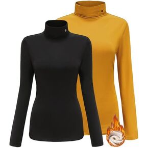 قمصان SSLR-Thermal للنساء ذات الياقة المدورة وأكمام طويلة ومبطنة بالصوف للشتاء ومزودة برقبة وهمية وطبقة أساسية مكونة من قطعتين (كبير، بني وبني)