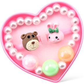 Little Girl Jewel Rings, Adjustable Pink Rings Girls Kids Pretend Play and Dress up Jewelry Set, Cute Rings with Display Case Party Favors Toys Gifts