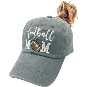 Women's Embroidered Football Mom Ponytail Hat Vintage Distressed High Messy Bun Baseball Cap