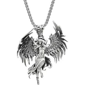 Rhodium-Plated Egyptian ISIS Goddess 3D Angle Wing Figurine Pendant Box Chain Necklace 22-24 Inches