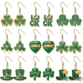 9/16 Pairs St.Patrick's Day Earrings for Women Glitter Enamel Shamrock Hat Earrings Green Lucky Leaf Earrings Irish Holiday Jewelry Gifts
