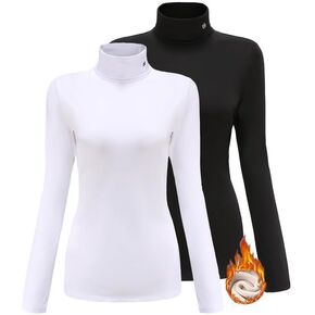 SSLR-Thermal-Shirts for-Women-Turtleneck Long Sleeve Tops Fleece Lined Winter Slim Fitted Mock Neck Base Layer (Large, Black White)