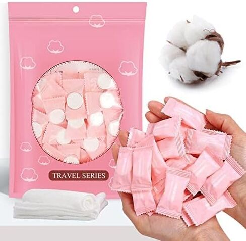50 Pieces Compressed Towels Tablets, Portable Disposable Cotton Hypoallergenic Dehydrated Expandable Compressed Face Towels Travel Washcloths Coin Tissues for Home Beauty and Outdoors Hiking Camping in Saudi Arabia