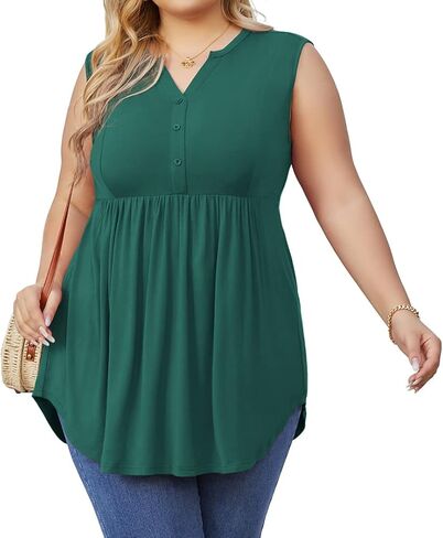 SHIJIALI المرأة حجم كبير قمصان هينلي الخامس الرقبة تانك القمم عادية بلا أكمام سوينغ فلوي بلوزة in Kuwait