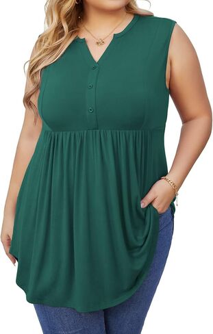 SHIJIALI المرأة حجم كبير قمصان هينلي الخامس الرقبة تانك القمم عادية بلا أكمام سوينغ فلوي بلوزة in Kuwait