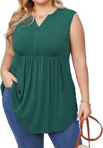 SHIJIALI المرأة حجم كبير قمصان هينلي الخامس الرقبة تانك القمم عادية بلا أكمام سوينغ فلوي بلوزة in Kuwait