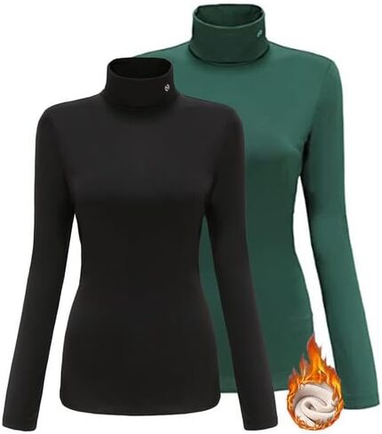 SSLR-Thermal-Shirts for-Women-Turtleneck Long Sleeve Tops Fleece Lined Winter Slim Fitted Mock Neck Base Layer 2 Pack (Large, Brown and Brown) in Saudi Arabia