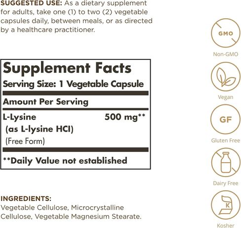 SOLGAR L-Lysine 500 mg - 100 كبسولة نباتية - دعم الجلد والأنسجة - غير معدلة وراثيًا، نباتي، كوشير، خالي من الغلوتين - 100 وجبة in Saudi Arabia