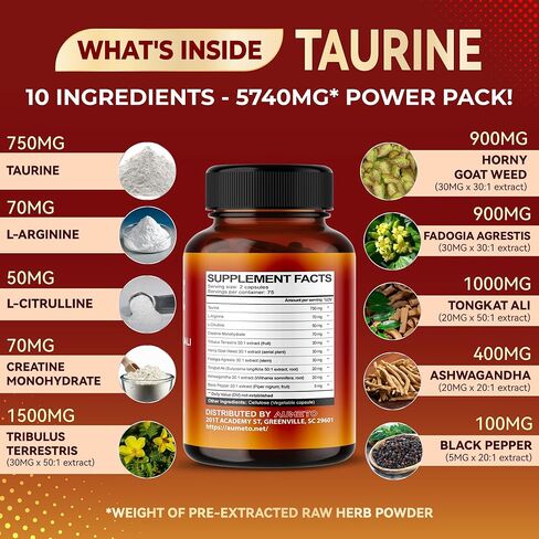 Taurine Supplement - Enhanced with L-Arginine, L-Citrulline, Creatine, Fadogia, Tongkat Ali for Mental Energy, Focus and Muscle Strength - Made in The US in Kuwait
