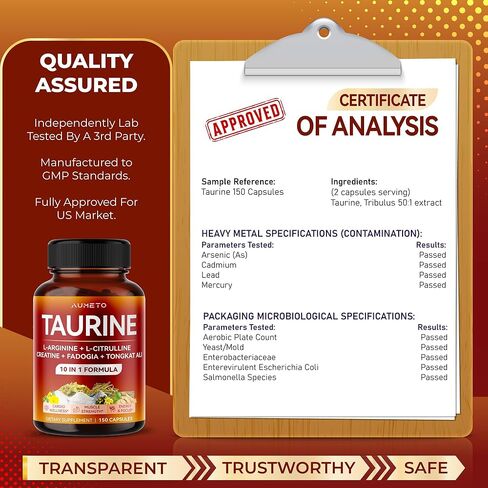 Taurine Supplement - Enhanced with L-Arginine, L-Citrulline, Creatine, Fadogia, Tongkat Ali for Mental Energy, Focus and Muscle Strength - Made in The US in Kuwait