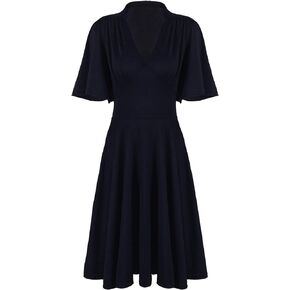 Vijiv Womens Vintage 1920s V Neck Rockabilly Swing Evening Party Cocktail Dress with Sleeves