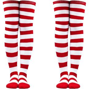 NUMJAW Dr Suess Socks For Women Red And White Striped Socks,Dr Suess Socks Cat In The Hat Socks Thing 1 and Thing 2 Knee High Stockings Cat In The Hat Costume Socks,Long Striped Thigh High Socks