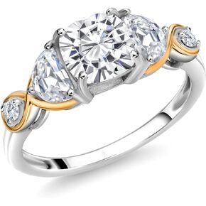 Gem Stone King 925 Silver and 10K Yellow Gold Cushion and Half Moon Moissanite and White Lab Grown Diamond 3-Stone Engagement Ring For Women (1.76 Cttw, Available In Size 5, 6, 7, 8, 9)
