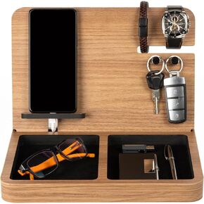 Natural Wood Dock Station Wood Phone Docking Station Key Holder Wallet Stand Nightstand Organizer Gift for Men Husband Wife Anniversary Dad Birthday Father Graduation