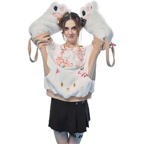 Womens Pullover Hoodie with Detachable Bag Design Furry Cat Paw Gloves Cute Khaki Cat Playing Hoodie