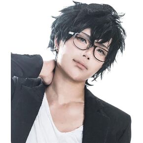 TOKYO-T Joker Wig Persona Cosplay Eyeglass Set Black Short Hair Accessory with Glasses