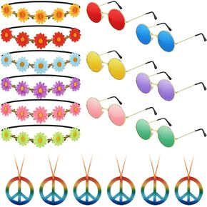 NEBURORA 18Pcs Hippie Costume Accessories Set 60s 70s Hippie Costume Accessories Set Daisy Headband Peace Sign Necklaces Hippie Sunglasses Costume Supplies for Carnival Party