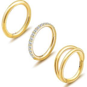 3pcs Gold Plated Nose Rings Hoops for Women:20G 18G Hypoallergenic 316l Surgical Steel Earrings Septum Clicker Ring Hinged Segment Ring Body Piercing Nose Hoop Lip Rings Nose Helix Cartilage Rook piercing jewelry Diameter 7mm/8mm/9mm