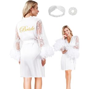EPLAZA Women Feather Lace Bride Embroidery Robe with Hairband Hair Tie Wedding Bridal Party Satin Kimono Loungewear Sleepwear