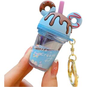 Milk Tea Cup Keychain, Ice Cream Cup with Donut Keychain, Floating Glitter Liquid Keychain Gift