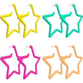 Dreuyet 4 Pairs Star Hoop Earrings for Women Girls Big Retro Multicolor 70s 80s 90s Bright Fluorescence Geometric Dangle Drop Neon Earrings Party Costume Accessories Jewelry