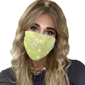 Urieo Sparkly Rhinestone Mesh Mask Yellow Crystal Bling Masks Ball Party Nightclub for Women and Girls in Kuwait