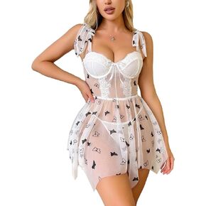 WDIRARA Women's Butterfly Print Tie Shoulder Sheer Mesh Lingerie Slip Dress with Thong