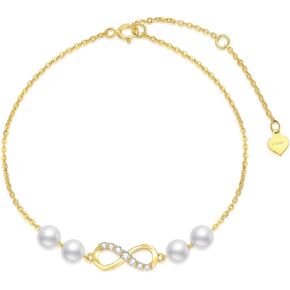 SISGEM 14k Gold Freshwater Cultured Pearl Infinity Bracelet for Women, Real Gold Created Moissanite Love Jewelry Gifts for Her, 6.8"-8.4"