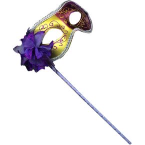 Womens Christmas Halloween Gold Blue Contrast Color Handheld Half Face Mask with Side Feather Flower
