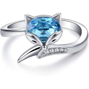 AOBOCO Sterling Silver Fox Ring for Women, Simulated Aquamarine Birthstone Crystal from Austria, Animal Fox Tail Adjustable Open Ring, Anniversary Birthday Fox Jewelry Gifts for Foxes Lovers
